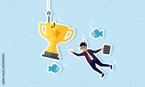 A businessman dives with fish trying to take a fishing bait shaped like a trophy, illustration of efforts to improve and achieve business accomplishments