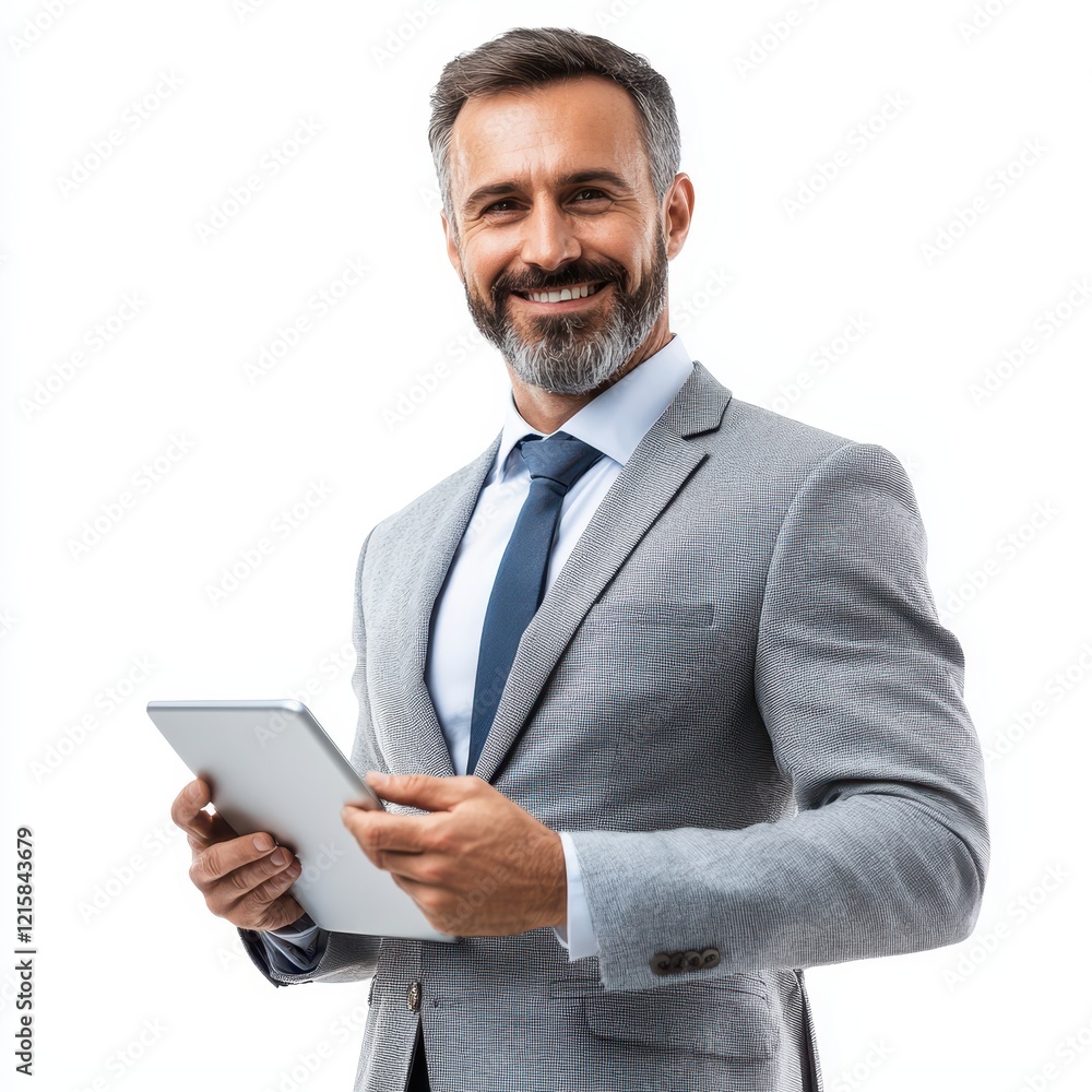 Confident Executive Manager Standing with Tablet in Professional Attire Confident Executive Manager Standing with Tablet in Professional Attire