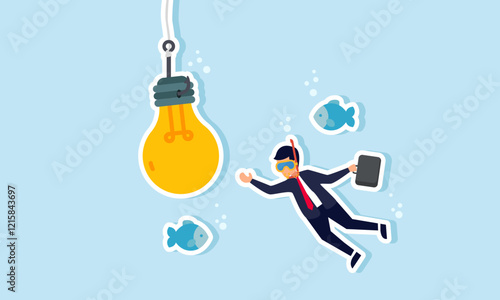 A businessman dives with fish trying to take a fishing bait shaped like a lamp, illustration of efforts to come up with business ideas