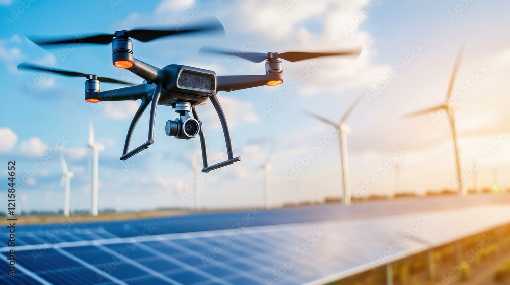 A drone captures scenic views of renewable energy, featuring solar panels and wind turbines under a bright sky, highlighting innovation and sustainability. A drone captures scenic views of renewable energy, featuring solar panels and wind turbines under a bright sky, highlighting innovation and sustainability.