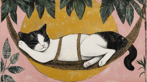 Wallpaper Mural A tuxedo cat naps peacefully in a hammock, bathed in warm sunlight Torontodigital.ca