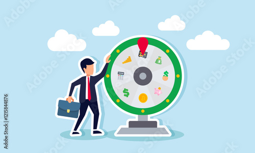 A businessman stands beside a toy wheel containing financial elements and spins it, illustration of gambling in managing and organizing business finances