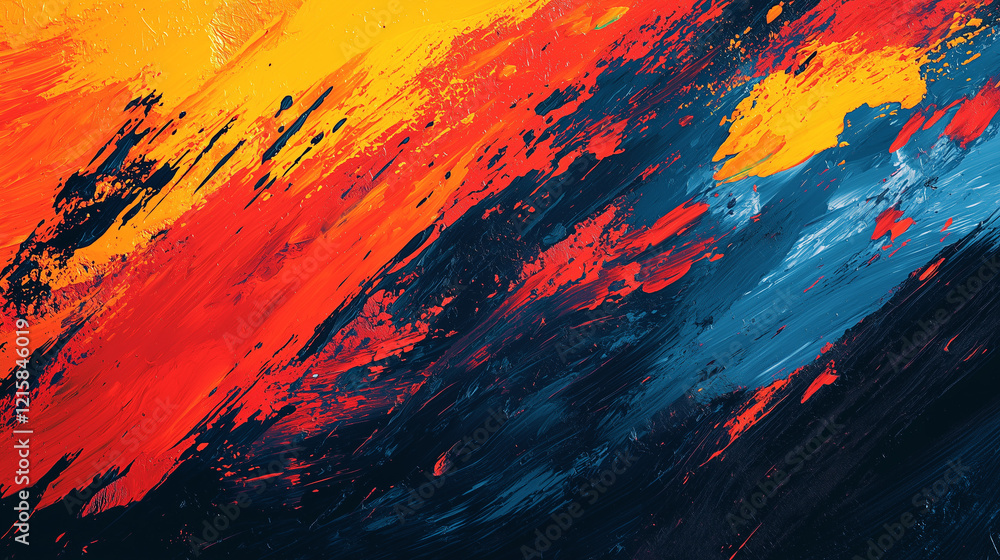 Abstract painting with diagonal brushstrokes in vibrant yellow, red, and deep blue colors, creating a dynamic and textured background Abstract painting with diagonal brushstrokes in vibrant yellow, red, and deep blue colors, creating a dynamic and textured background