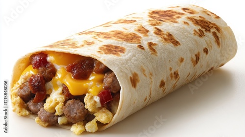 Delicious breakfast burrito filled with eggs, sausage, bacon, and cheese. Perfect for menus, blogs, or food websites showcasing hearty breakfast meals. photo