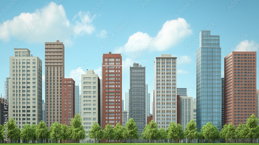 Modern City Skyline with Lush Green Foreground Park and Blue Sky Modern City Skyline with Lush Green Foreground Park and Blue Sky