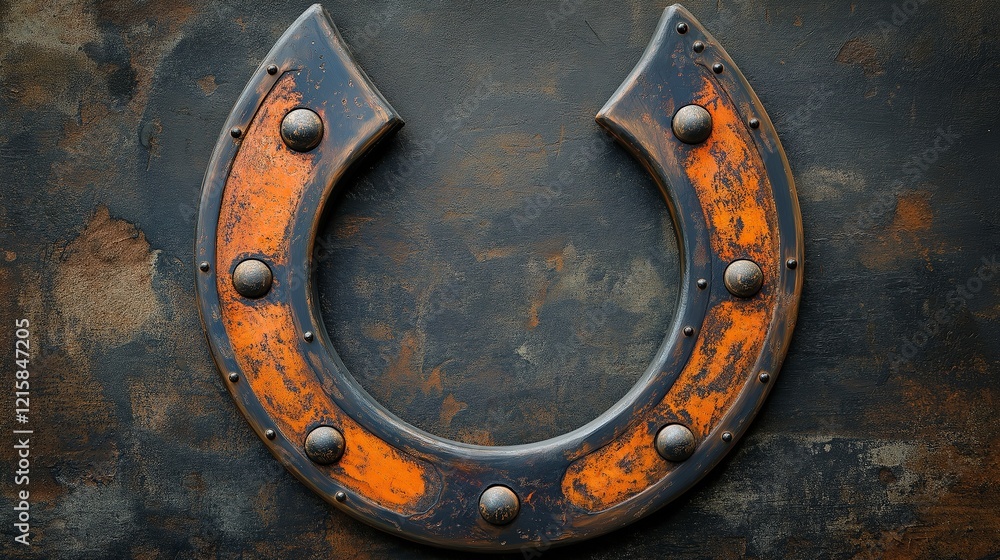 Rusty horseshoe with an orange finish hanging on a dark textured background in a rustic setting