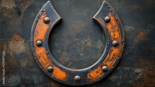 Obraz na płótnie Rusty horseshoe with an orange finish hanging on a dark textured background in a rustic setting w salonie