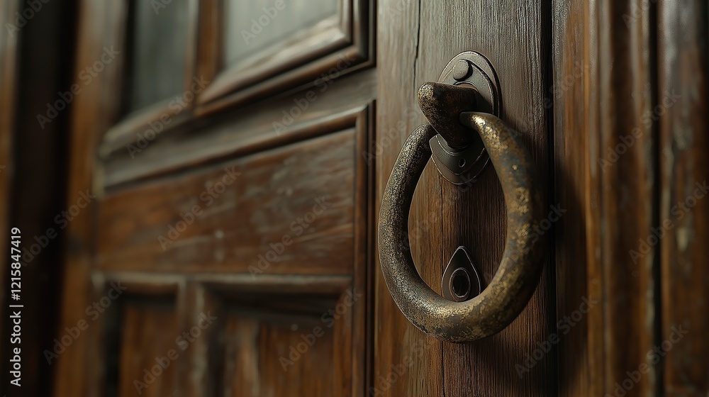 Fototapeta premium Detailed view of vintage door knocker on wooden door with rich grain and texture inviting visitors to enter