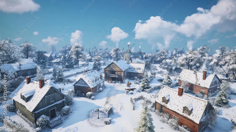 Snow-covered village in winter wonderland with rustic wooden cabins and scenic landscape Snow-covered village in winter wonderland with rustic wooden cabins and scenic landscape