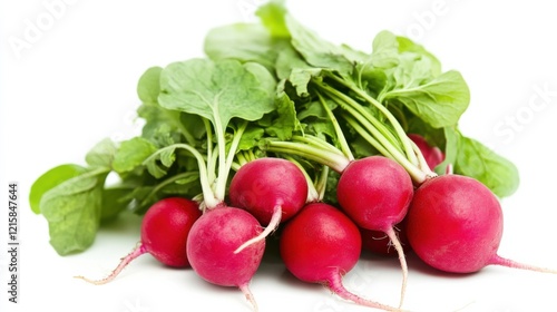 A vibrant bunch of red radishes with their green leafy tops and crisp texture, Each radish’s vibrant color and subtle imperfections captured with precision