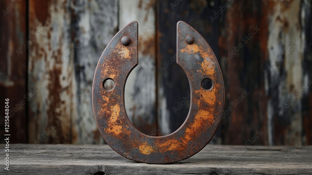 Rusty metal horseshoe displayed on a rustic wooden table with a weathered background in a workshop setting Rusty metal horseshoe displayed on a rustic wooden table with a weathered background in a workshop setting