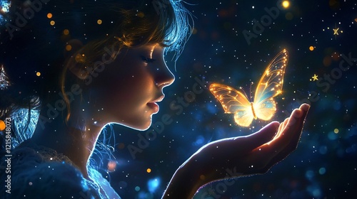 Ethereal Girl Embracing Magic of Butterfly in Enchanted Night Setting with Glittering Stars and Soft Glow, Capturing Wonder and Connection in Dreamlike Atmosphere