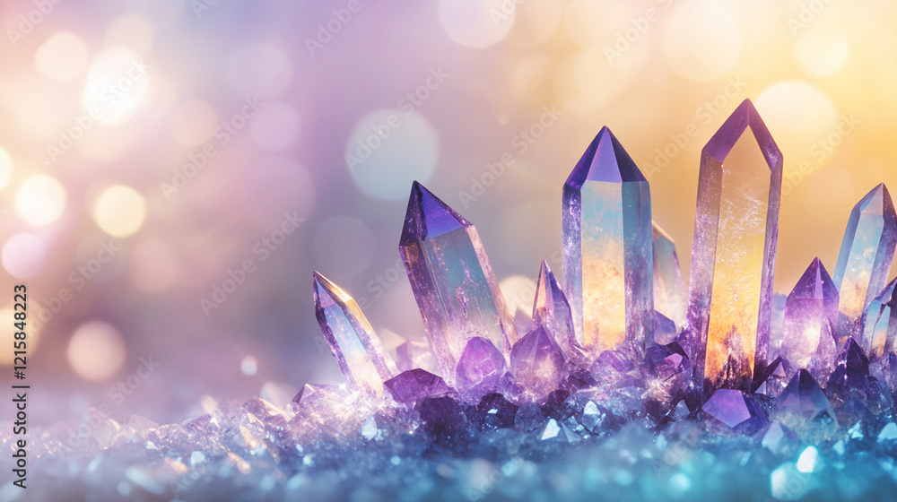 Close-up of teal and purple crystals with dreamy bokeh background featuring shallow depth of field pastel colors minimalistic bright tone modern blurred empty blank caption space symbolic and calming
Close-up of teal and purple crystals with dreamy bokeh background featuring shallow depth of field pastel colors minimalistic bright tone modern blurred empty blank caption space symbolic and calming