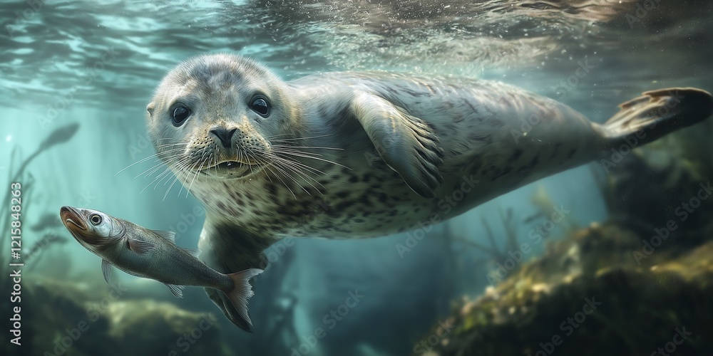 Fototapeta premium Seal swims gracefully underwater, hunting fish in a kelp forest during midday sunlight
