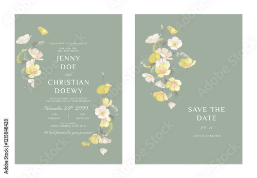 wedding invitation and save the date template set of delicate white and yellow California Poppy flowers on a soft sage green background, adding a calming and sophisticated atmosphere