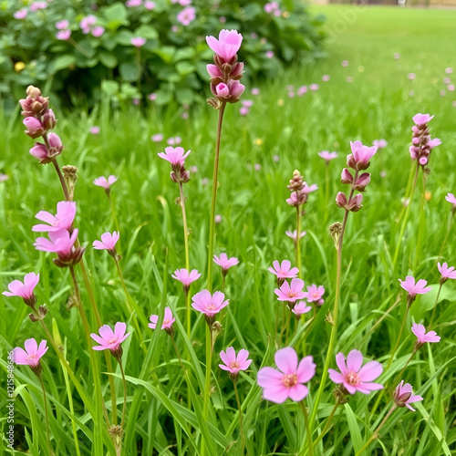 Beautiful view of a green lawn with pink flowers of a Lathyrus vernus (spring vetchling, spring pea, or spring vetch) photo