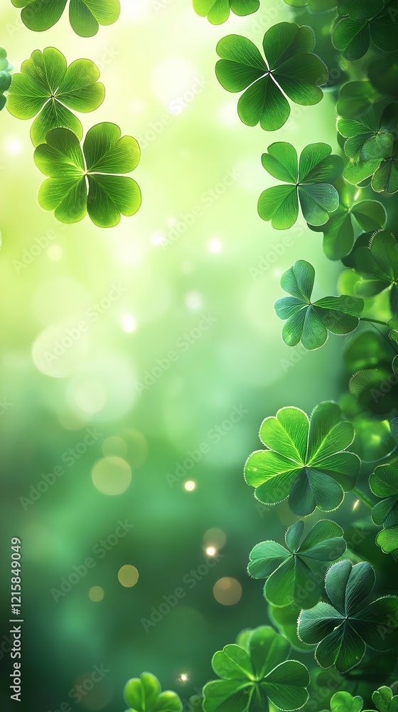 Lush green clovers surrounded by soft glowing light in a serene outdoor setting Lush green clovers surrounded by soft glowing light in a serene outdoor setting