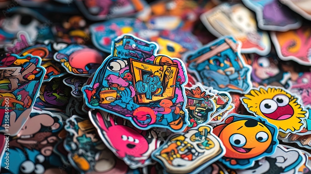 Vibrant Pile of Colorful Stickers with Cartoon Characters Vibrant Pile of Colorful Stickers with Cartoon Characters