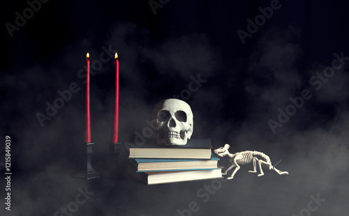 still life with red candles, skull, rat skeleton, books, smoke overlay photo