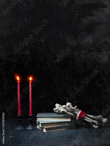 still life on black background with red candles, books, bones