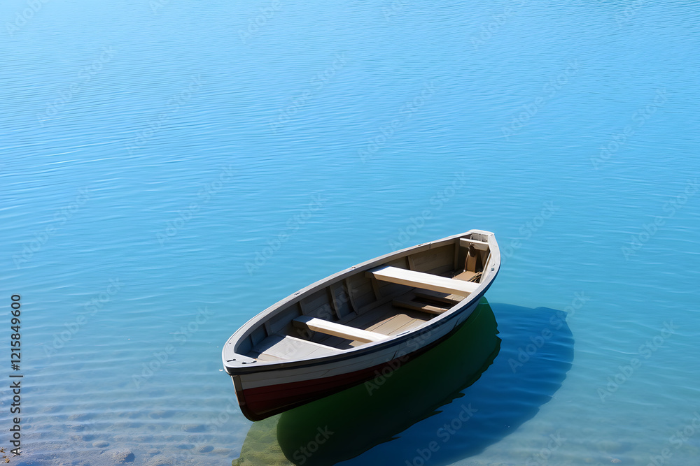 A small wooden rowboat drifts peacefully in a calm, crystal-clear lake A small wooden rowboat drifts peacefully in a calm, crystal-clear lake
