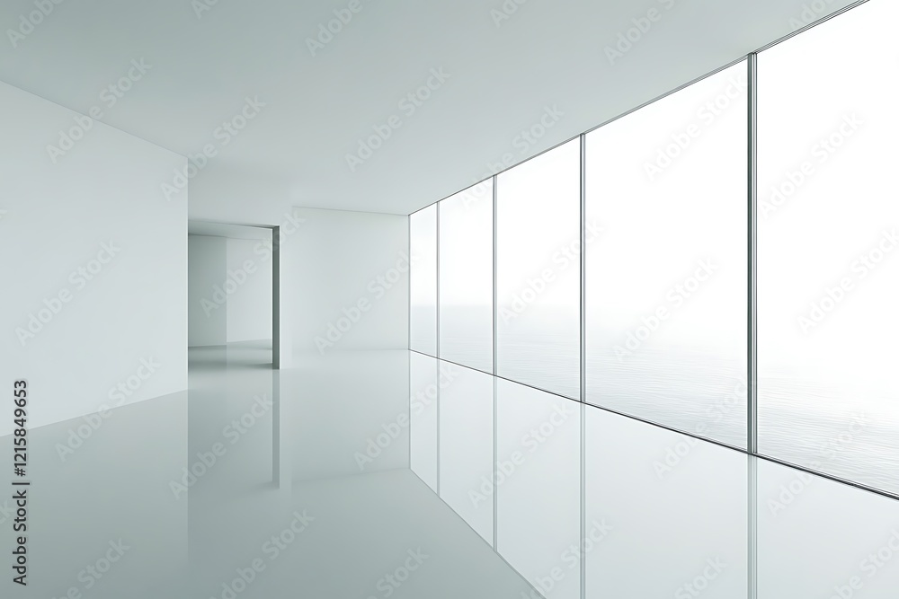 Obraz premium Modern Minimalist White Office Interior with Expansive Window Wall and Reflective Floor