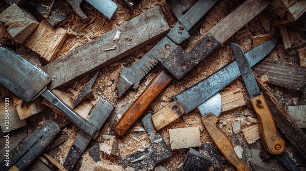 An overhead shot of wood and various hand tools in a carpentry workshop An overhead shot of wood and various hand tools in a carpentry workshop