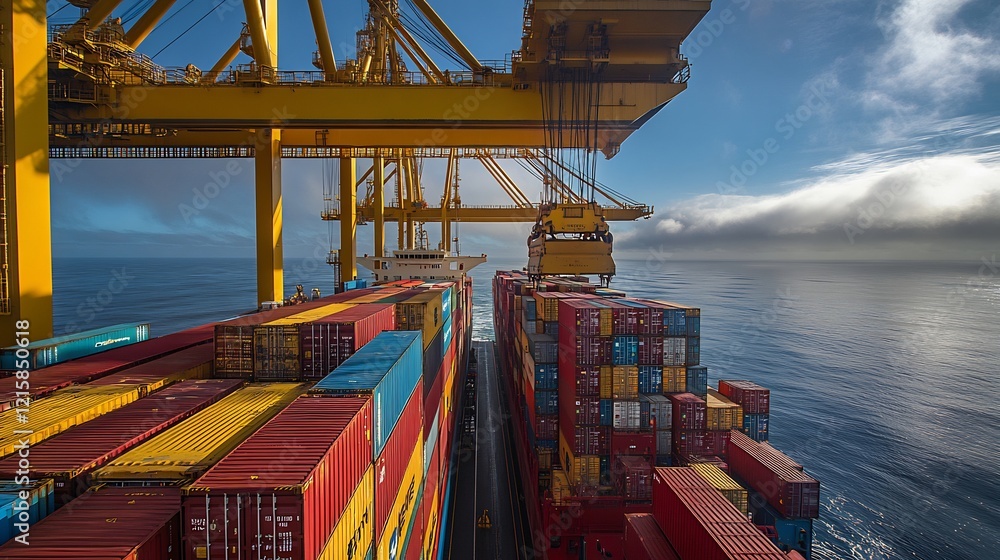 Fototapeta premium Vibrant cargo ship containers gleam brightly under intense sunlight a stunning visual aesthetic. AI Generated