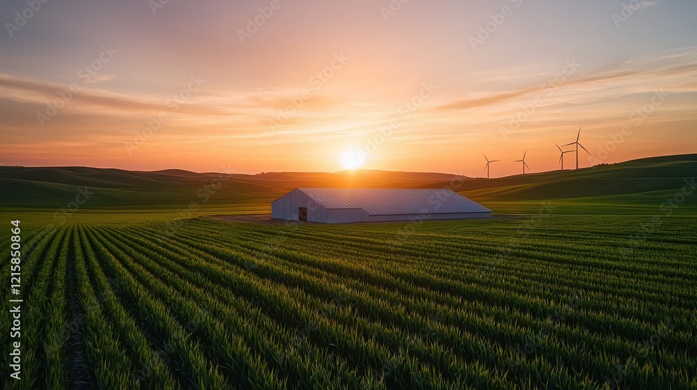 Scenic view of a vast farm field with a modern barn at sunset, wind turbines in background under colorful sky. Scenic view of a vast farm field with a modern barn at sunset, wind turbines in background under colorful sky.
