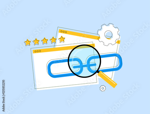 Link building - interconnected links symbolizing SEO strategies, backlink generation, website authority, digital marketing, search engine optimization and online visibility improvement illustration