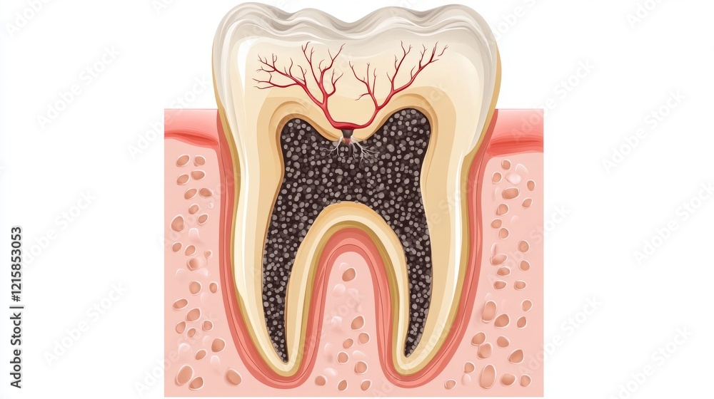 vector illustration of a tooth with caries that penetrates the tooth with nerve endings with caries on a tooth is black and the gums are pink on a white background. vector illustration of a tooth with caries that penetrates the tooth with nerve endings with caries on a tooth is black and the gums are pink on a white background.