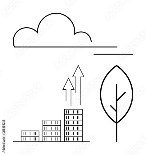 Cloud overhead, leaf symbolizing nature, and upward arrows above building blocks convey growth, sustainability, and progress. Ideal for eco-business, urban planning, green initiatives, corporate