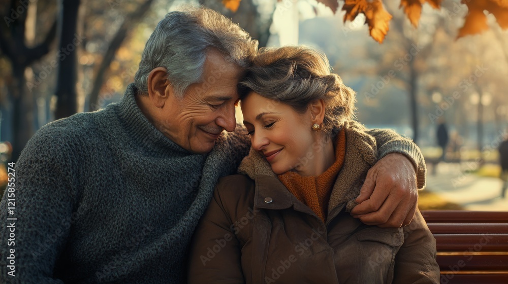 A warm, intimate moment between an elderly couple enjoying each other's company in a tranquil autumn park. A warm, intimate moment between an elderly couple enjoying each other's company in a tranquil autumn park.