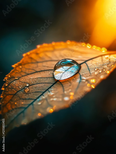 Closeup shot of a water drops on green leaf