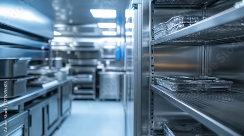 Stainless steel shelving unit in a commercial kitchen, filled with food containers. Ideal for illustrating food preparation, storage, or restaurant hygiene. photo