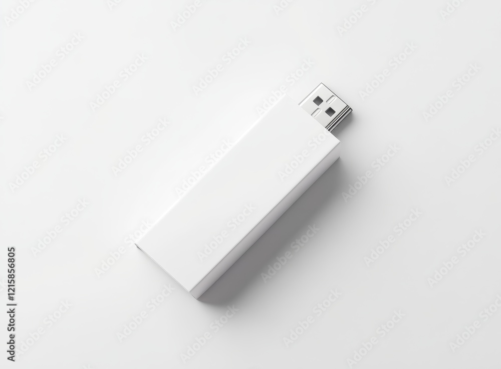 White USB flash drive in a minimalist white box on a white background. White USB flash drive in a minimalist white box on a white background.