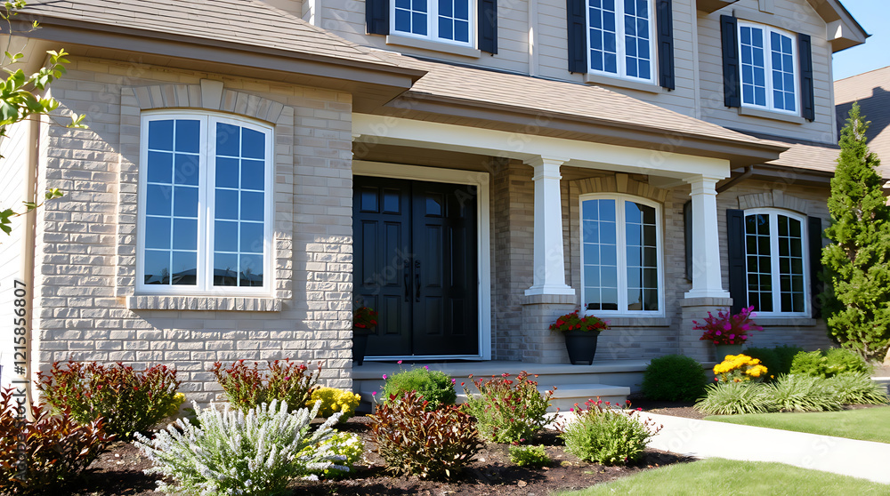 Obraz premium Elegant Brick House Exterior with Landscaping and Garden. Beautiful Home Architecture, Real Estate Property, Residential Building Design