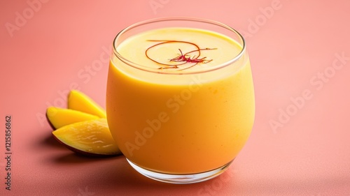 A vibrant glass of mango smoothie garnished with saffron, accompanied by fresh mango slices, set against a soft pink background.