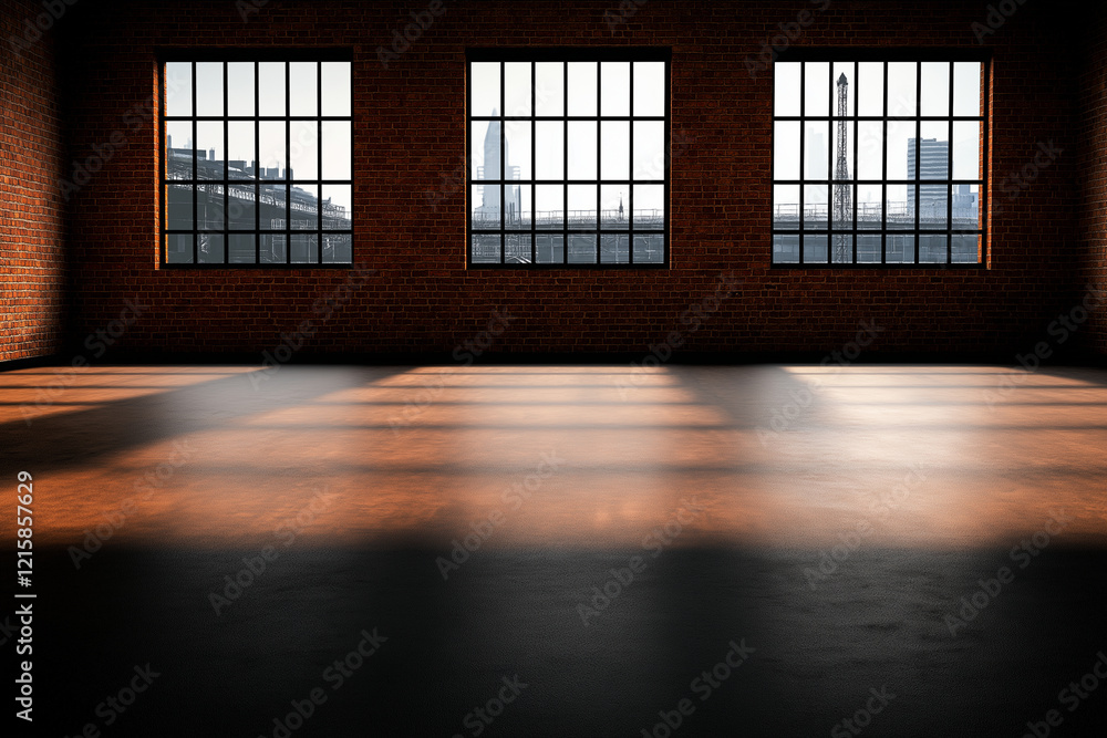 large empty room with red brick walls and large windows, showcasing city view. sunlight casts shadows on floor, creating warm and inviting atmosphere large empty room with red brick walls and large windows, showcasing city view. sunlight casts shadows on floor, creating warm and inviting atmosphere