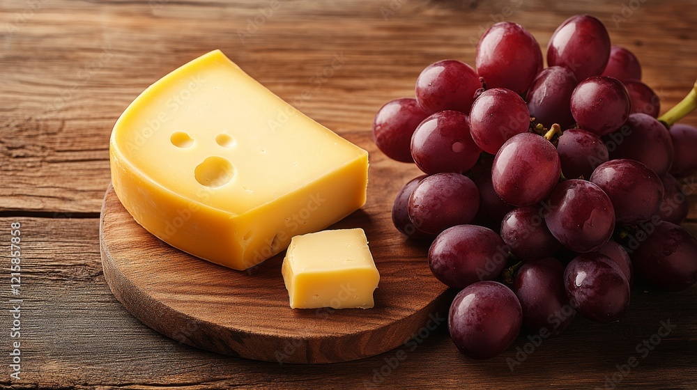 A rustic wooden table adorned with an assortment of rich yellow cheeses, a bunch of deep maroon grapes, and a warm, inviting ambiance, perfect for a gourmet feast or elegant wine pairing