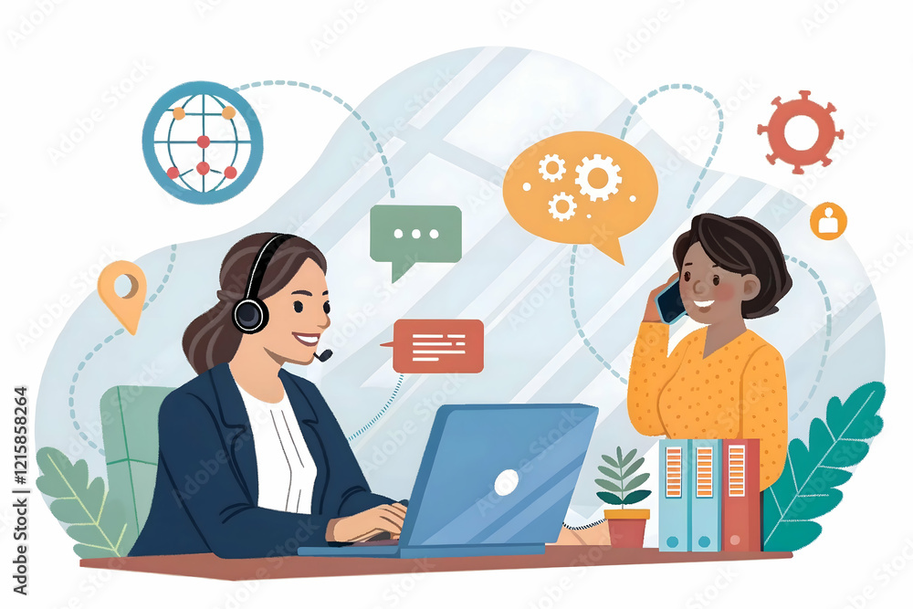 Hotline operator advises customer. 3D Vector character illustration. Customer support, help service, online global technical support 24 7 Hotline operator advises customer. 3D Vector character illustration. Customer support, help service, online global technical support 24 7