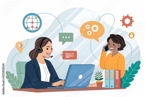 Hotline operator advises customer. 3D Vector character illustration. Customer support, help service, online global technical support 24 7