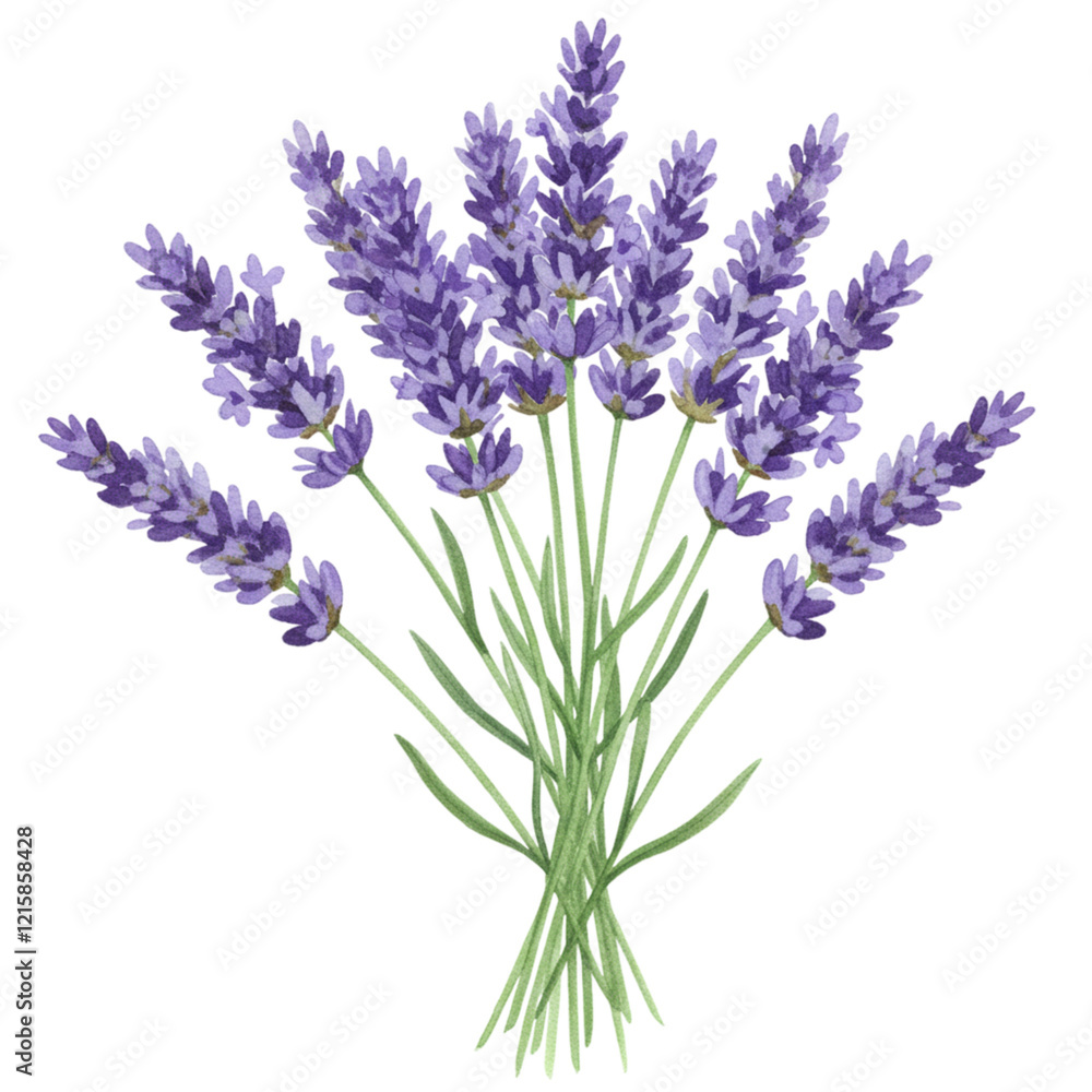 Naklejka premium Beautiful Watercolor Lavender Bouquet Purple Flowers Floral Design Spa Herb Aroma Plant Image Nature