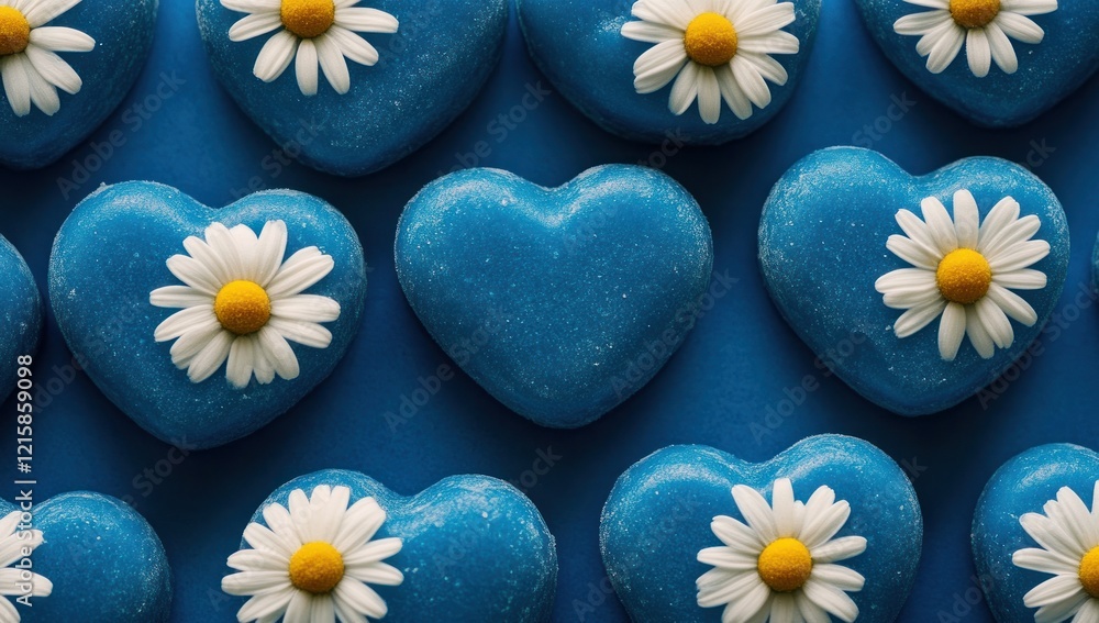Obraz premium Blue Hearts with Daisies: A Romantic and Serene Arrangement