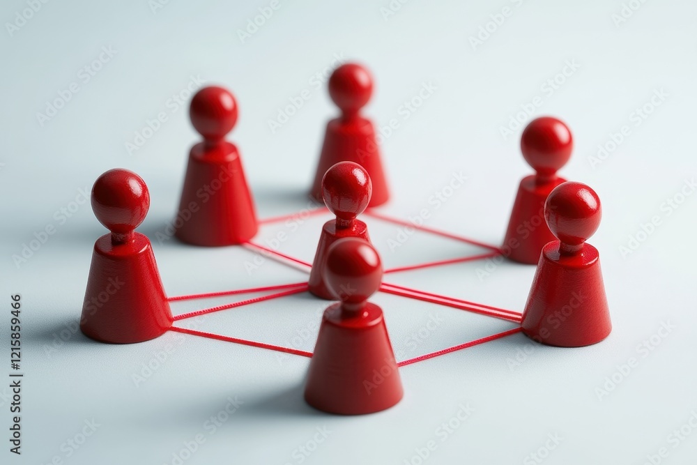 Obraz premium Red figures interconnected by string. Illustrates networking, teamwork, or collaboration.