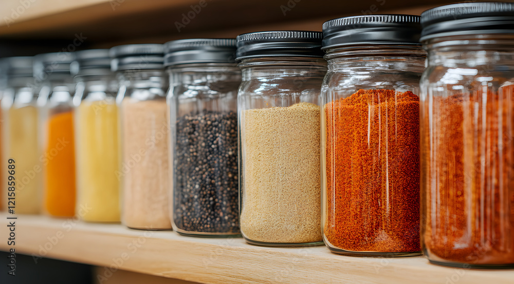 A neat row of spice jars on a wooden shelf, showcasing various colorful spices and seasonings, perfect for culinary inspiration.