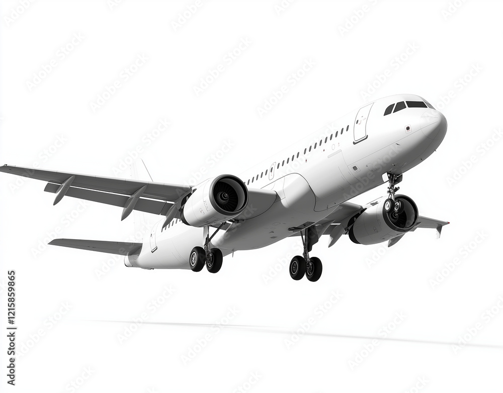 white airplane flying isolated on white background, showcasing its sleek design and aerodynamic features. image captures essence of modern aviation white airplane flying isolated on white background, showcasing its sleek design and aerodynamic features. image captures essence of modern aviation