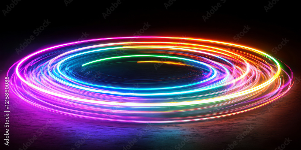 3D render of colorful neon light lines spinning in a circle on a dark background, creating a tunnel effect, generative AI 3D render of colorful neon light lines spinning in a circle on a dark background, creating a tunnel effect, generative AI