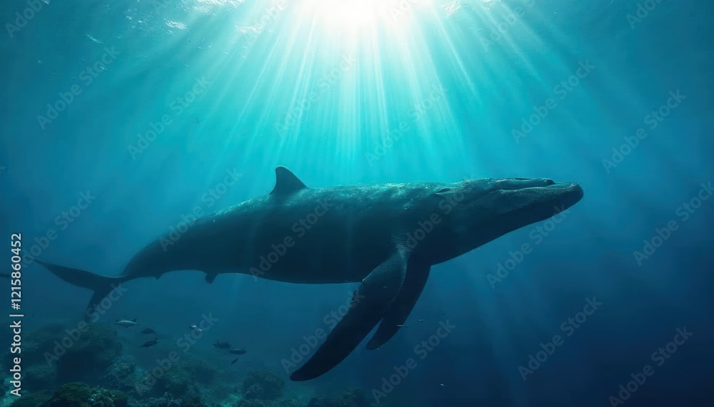 Obraz premium Whale in Sunbeams: A majestic whale glides through the crystal-clear ocean, bathed in warm sunlight, its silhouette illuminated by the sun's rays that pierce the water.
