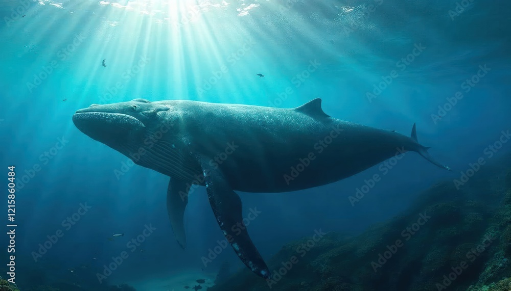 Fototapeta premium Humpback Whale in Sunlight: A majestic humpback whale swims through the crystal-clear ocean, bathed in a radiant shaft of sunlight. The water is alive with a playful school of fish.